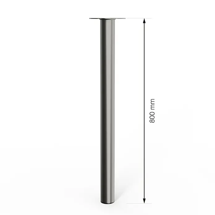 Walteco Möbelfuß - L x B x H: 6 x 6 x 80 cm, Ø x H: 6 x 80 cm, Traglast: 75 kg, Stahl, Nickel - Abbildung eines 800 mm langen, silberfarbenen Tischbeins mit einer runden Montageplatte.