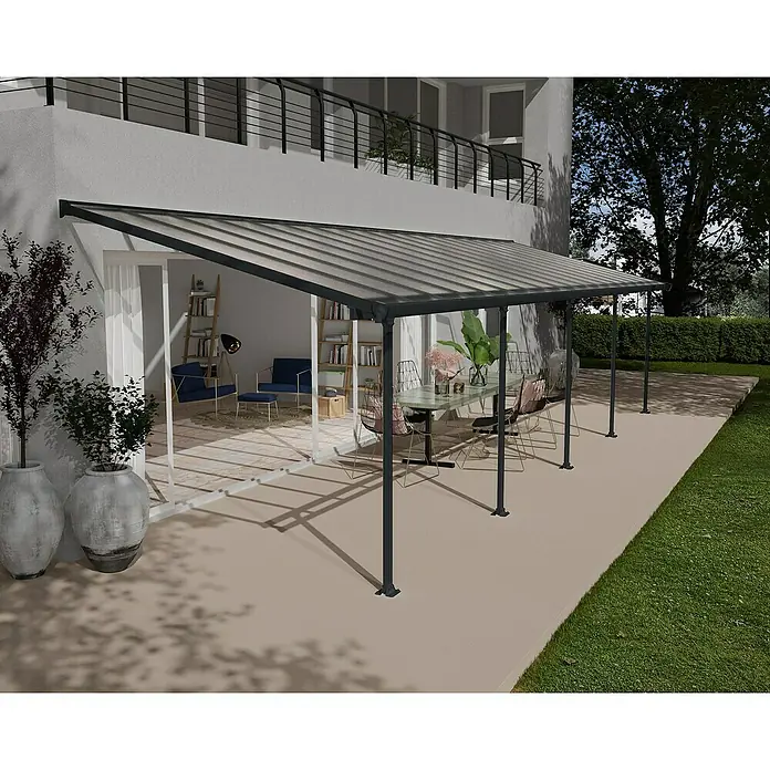 Solid Elements Terrassenüberdachung Martina - B x T: 971 x 300 cm, Anthrazitgrau, Polycarbonat, Transparent - Das Bild zeigt eine moderne Terrassenüberdachung mit klarem Design und elegantem Erscheinungsbild, die den Außenbereich aufwertet.