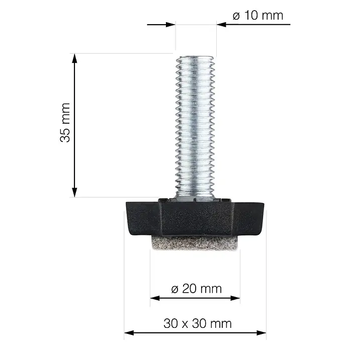Walteco Regulierschrauben - Gewinde: M 10, Ø x L: 30 x 35 mm - Detailansicht eines höhenverstellbaren Möbelfußes mit Gewinde und Filzgleiter, Maße sind angegeben.