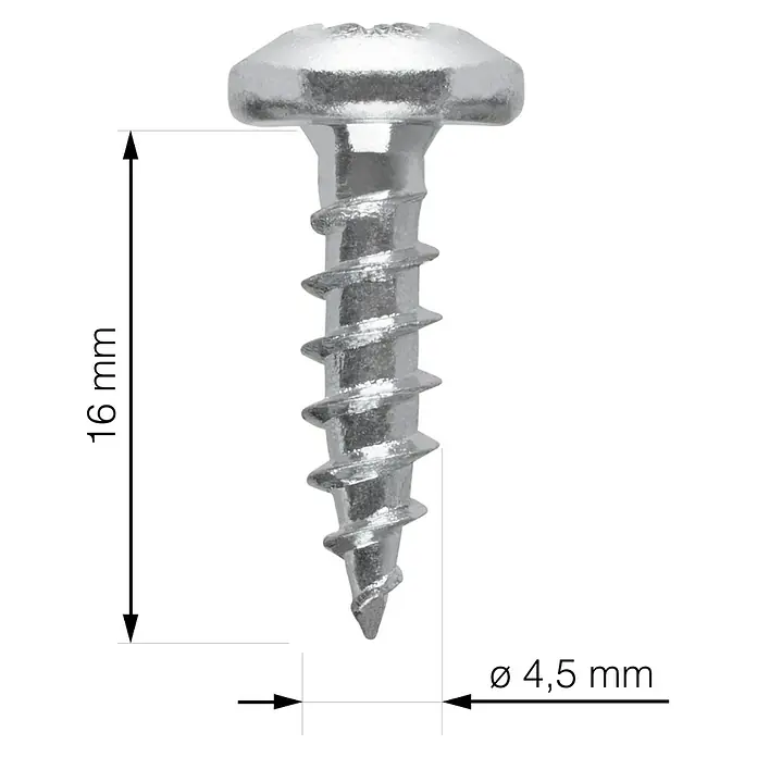 Walteco Schrauben - Ø x L: 4,5 x 16 mm, 24 Stk., Verzinkt - Abbildung einer Senkkopfschraube mit den Maßen 16 mm Länge und 4,5 mm Durchmesser. Sie ist ideal für diverse Befestigungsarbeiten.