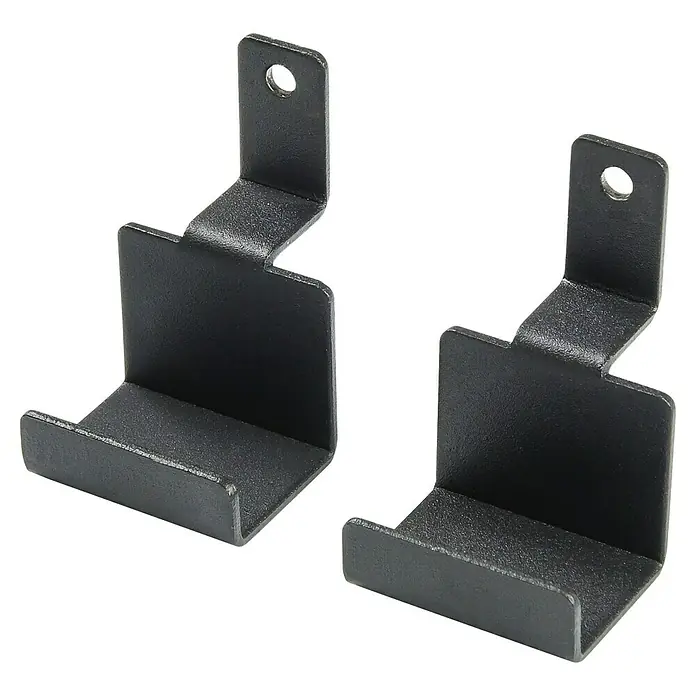 Millex Paneelkrallen Horizontal & Vertikal - L x B x H: 2,2 x 3 x 4,7 cm, Passend für: Akustikpaneele, Montageart: Einhängen - Abbildung von zwei schwarzen Metallhalterungen, die zur Befestigung von Gegenständen an einer Wand oder anderen Oberflächen dienen.