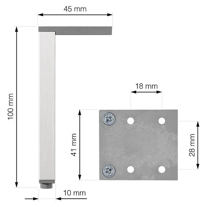 Walteco Möbelfuß Laila - L x B x H: 4 x 0,1 x 10 cm, Traglast: 100 kg, Aluminium, Silber - Detailaufnahme eines Möbelfußes mit Maßangaben zu Höhe, Breite und Befestigungsplatte. Ideal für DIY-Projekte und Möbeldesign.