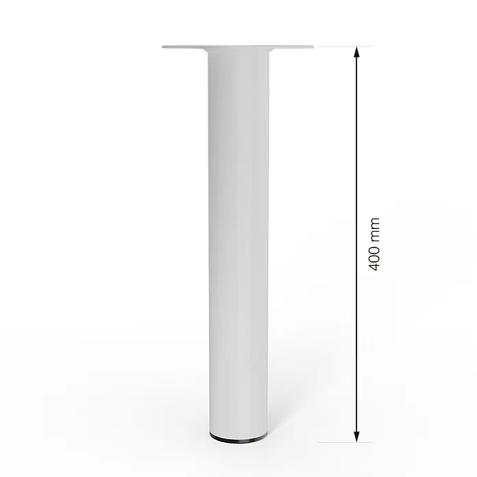 Walteco Möbelfuß - L x B x H: 6 x 6 x 40 cm, Ø x H: 6 x 40 cm, Traglast: 75 kg, Stahl, Weiß - Das Bild zeigt ein weißes, zylindrisches Möbelbein mit einer Höhe von 400 mm, das auf einem weißen Hintergrund steht.