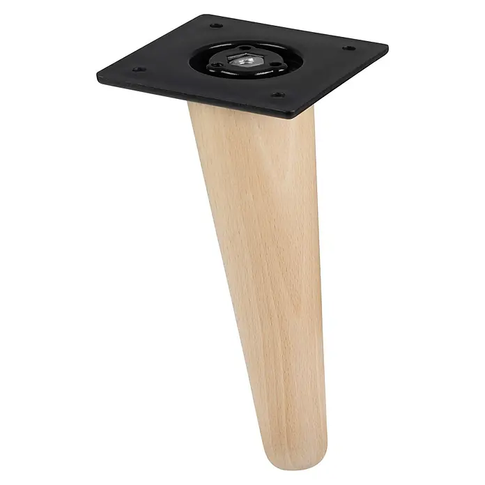 Walteco Möbelfuß Nordic - L x B x H: 4,8 x 4,8 x 15 cm, Ø x H: 4,8 x 15 cm, Traglast: 350 kg, Holz - Ein einzelnes, helles, hölzernes Möbelfuß mit einer schwarzen Montageplatte. Ideal für DIY-Projekte und zur Aufwertung von Möbeln.