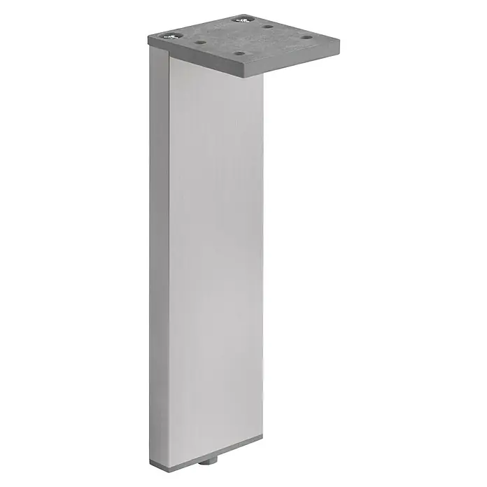Walteco Möbelfuß Laila - L x B x H: 4 x 0,1 x 15 cm, Traglast: 100 kg, Aluminium, Silber - Eine Nahaufnahme eines silberfarbenen, rechteckigen Möbelfußes mit einer grauen Montageplatte. Ideal für moderne Möbeldesigns.