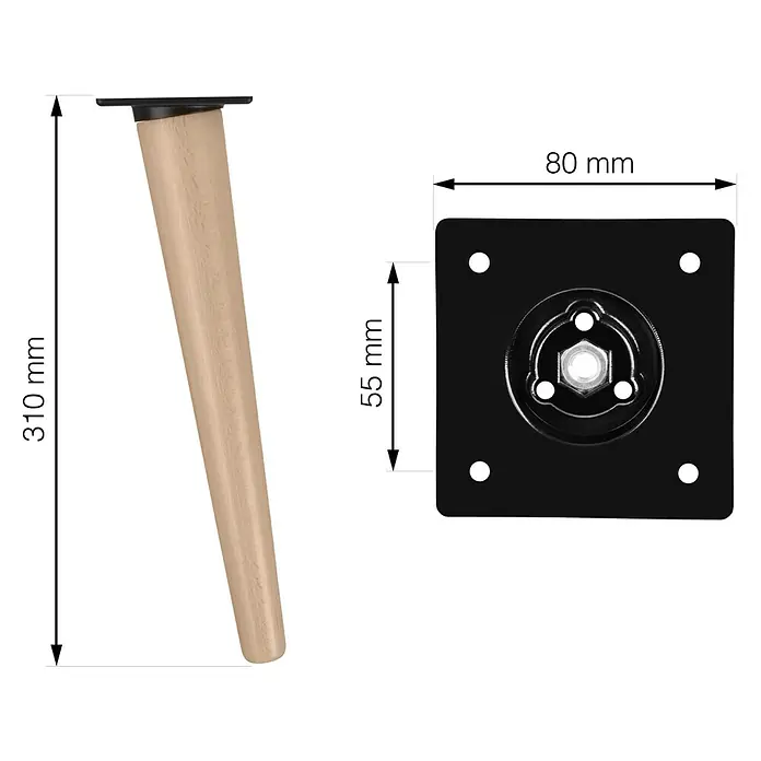 Walteco Möbelfuß Nordic - L x B x H: 4,8 x 4,8 x 30 cm, Ø x H: 4,8 x 30 cm, Traglast: 250 kg, Holz - Produktdarstellung eines Möbelfußes aus Holz mit schwarzer Montageplatte und Maßangaben.