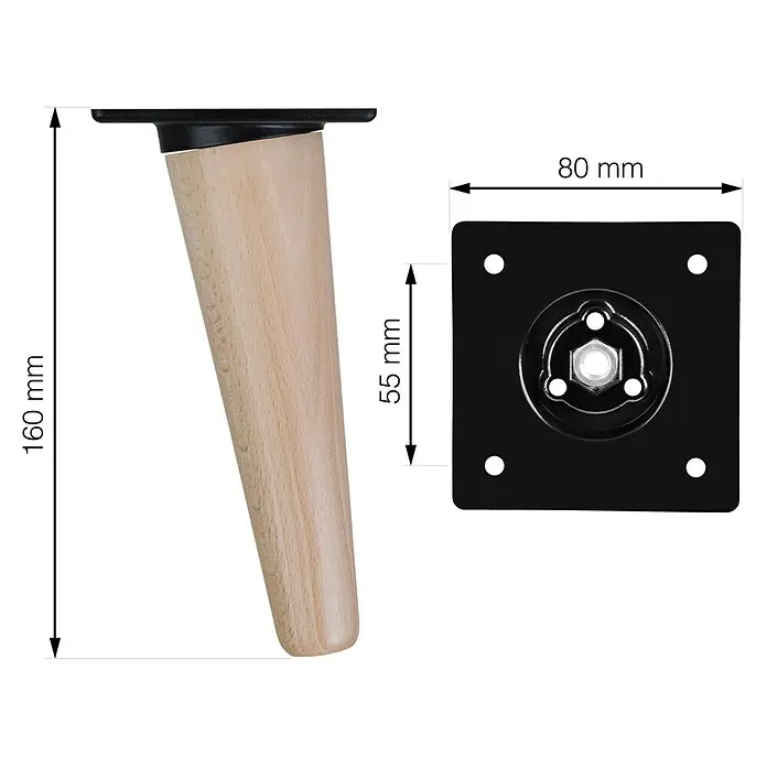 Walteco Möbelfuß Nordic - L x B x H: 4,8 x 4,8 x 15 cm, Ø x H: 4,8 x 15 cm, Traglast: 350 kg, Holz - Produktansicht eines Möbelfußes mit Montageplatte, die Abmessungen für Höhe und Breite zeigt.