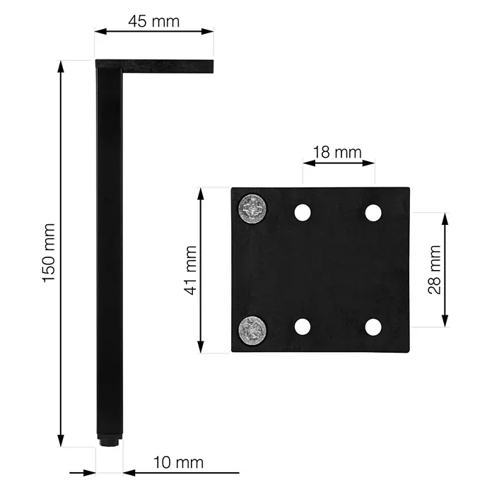 Walteco Möbelfuß Laila - L x B x H: 4 x 0,1 x 15 cm, Traglast: 100 kg, Aluminium, Schwarz - Produktdarstellung: Metalltischbein mit Maßen.