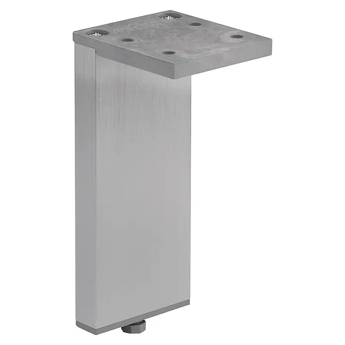Walteco Möbelfuß Laila - L x B x H: 4 x 0,1 x 10 cm, Traglast: 100 kg, Aluminium, Silber - Produktbild eines Tischbeins aus gebürstetem Aluminium mit quadratischer Montageplatte und verstellbarem Fuß für Stabilität.