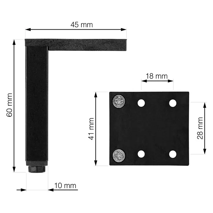 Walteco Möbelfuß Laila - L x B x H: 4 x 0,1 x 6 cm, Traglast: 100 kg, Aluminium, Schwarz - Abbildung eines schwarzen Tischbeins mit den Maßen 60 mm Höhe, 45 mm Länge und einer Montageplatte von 41 mm x 28 mm.