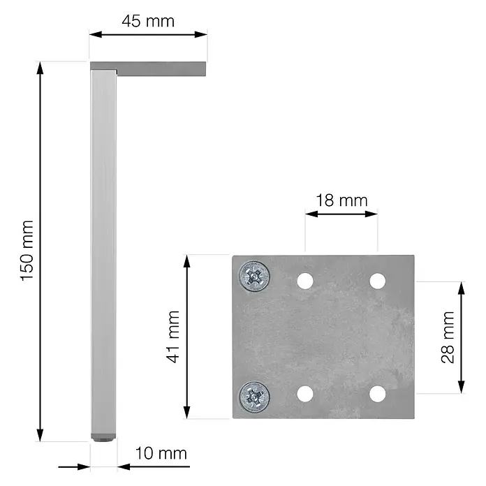 Walteco Möbelfuß Laila - L x B x H: 4 x 0,1 x 15 cm, Traglast: 100 kg, Aluminium, Silber - Produktansicht mit Maßangaben. Silbernes Möbelbein mit Montageplatte und den Maßen 45 mm, 150 mm, 10 mm, 18 mm, 41 mm und 28 mm.