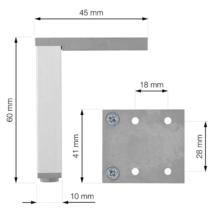Walteco Möbelfuß Laila - L x B x H: 4 x 0,1 x 6 cm, Traglast: 100 kg, Aluminium, Silber - Produktdiagramm eines Möbelfußes mit den dazugehörigen Maßen für eine detaillierte Produktansicht.