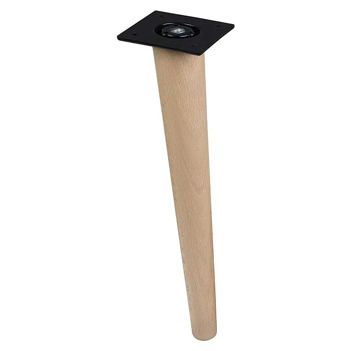 Walteco Möbelfuß Nordic - L x B x H: 4,8 x 4,8 x 30 cm, Ø x H: 4,8 x 30 cm, Traglast: 250 kg, Holz - Ein einzelnes, abgeschrägtes Möbelbein aus Holz mit einer schwarzen Metallbefestigungsplatte oben, ideal für DIY-Möbelprojekte.