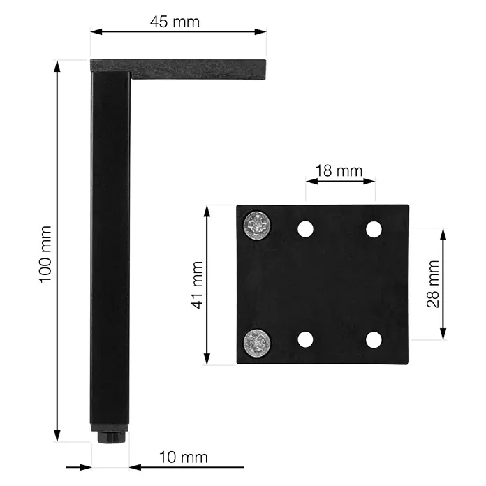 Walteco Möbelfuß Laila - L x B x H: 4 x 0,1 x 10 cm, Traglast: 100 kg, Aluminium, Schwarz - Produktbild eines schwarzen Möbelfußes mit den Maßen 100 mm Höhe, 45 mm Tiefe und einer Montageplatte von 41 x 28 mm.