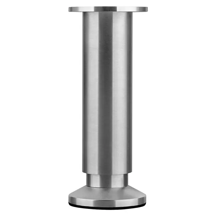 Walteco Teleskop-Möbelfuß - B x L: 3,8 x 3,8 cm, Durchmesser: 3,8 cm, Höhenverstellung: 15 cm - 16,5 cm, Traglast: 250 kg, Aluminium, Silber - Nahaufnahme eines verstellbaren Möbelfußes aus gebürstetem Edelstahl, ideal für Schränke und Tische, der sowohl Stabilität als auch modernes Design bietet.