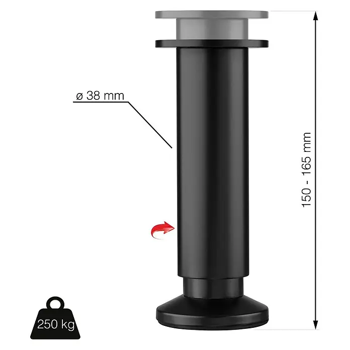 Walteco Teleskop-Möbelfuß - B x L: 3,8 x 3,8 cm, Durchmesser: 3,8 cm, Höhenverstellung: 15 cm - 16,5 cm, Traglast: 250 kg, Aluminium, Schwarz - Abbildung eines verstellbaren Möbelfußes in Schwarz, der einen Durchmesser von 38 mm hat und zwischen 150 und 165 mm verstellbar ist.