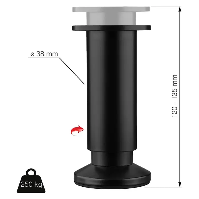 Walteco Teleskop-Möbelfuß - B x L: 3,8 x 3,8 cm, Durchmesser: 3,8 cm, Höhenverstellung: 12 cm - 13,5 cm, Traglast: 250 kg, Aluminium, Schwarz - Abbildung eines verstellbaren Möbelfußes in Schwarz mit Maßangaben.