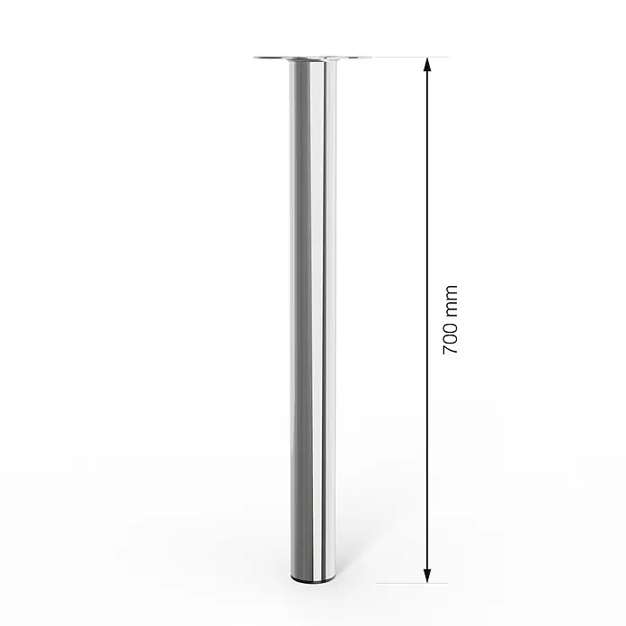 Walteco Möbelfuß - L x B x H: 6 x 6 x 70 cm, Ø x H: 6 x 70 cm, Traglast: 75 kg, Stahl, Silber - Ein einzelnes, schlankes, silbernes Tischbein mit einer Höhe von 700 mm steht auf einem weißen Hintergrund. Ideal für Möbelprojekte.