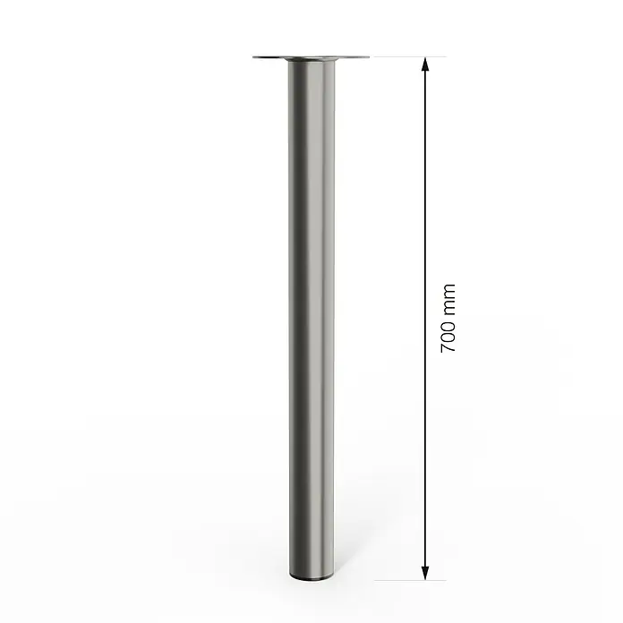 Walteco Möbelfuß - L x B x H: 6 x 6 x 70 cm, Ø x H: 6 x 70 cm, Traglast: 75 kg, Stahl, Nickel - Produktbild einer 700 mm langen, silberfarbenen Tischbein aus Metall mit Montageplatte.