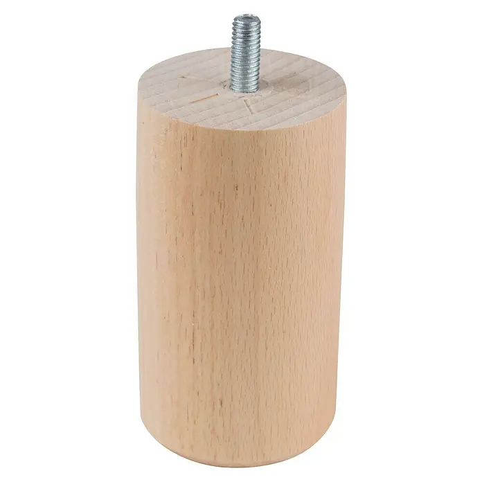 Walteco Möbelfuß - L x B x H: 5,5 x 5,5 x 10 cm, Ø x H: 5,5 x 10 cm, Traglast: 50 kg, Holz - Nahaufnahme eines zylindrischen Möbelfußes aus Holz mit einem Gewindebolzen aus Metall für eine einfache und sichere Befestigung.