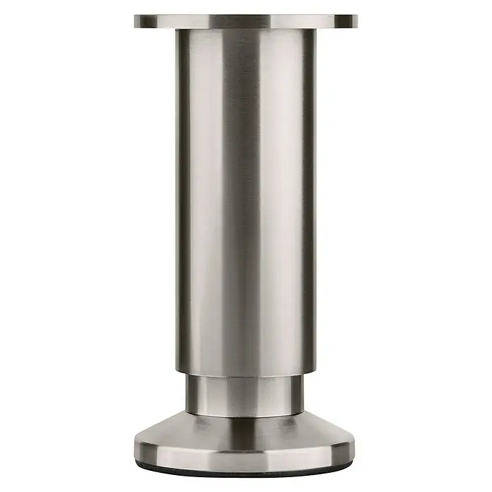 Walteco Teleskop-Möbelfuß - B x L: 3,8 x 3,8 cm, Durchmesser: 3,8 cm, Höhenverstellung: 12 cm - 13,5 cm, Traglast: 250 kg, Aluminium, Nickel - Das Bild zeigt ein Möbelbein aus gebürstetem Edelstahl mit einer zylindrischen Form und einer breiten Basis. Ideal für moderne Möbeldesigns.
