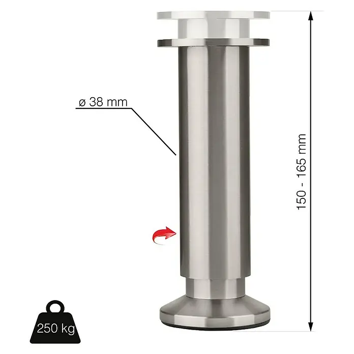 Walteco Teleskop-Möbelfuß - B x L: 3,8 x 3,8 cm, Durchmesser: 3,8 cm, Höhenverstellung: 15 cm - 16,5 cm, Traglast: 250 kg, Aluminium, Nickel - Das Bild zeigt einen verstellbaren Möbelfuß aus Metall mit einer Traglast von 250 kg und einer Höhe von 150-165 mm. Der Durchmesser beträgt 38 mm.