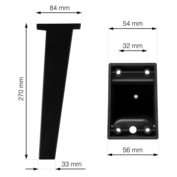 Walteco Möbelfuß Techo - L x B x H: 8,4 x 5,2 x 27 cm, Traglast: 150 kg, Kunststoff, Schwarz - Produktdiagramm eines schwarzen Möbelfußes mit Abmessungen, das die Höhe und Breite von Bein und Montageplatte zeigt.