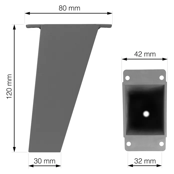 Walteco Möbelfuß Killo - L x B x H: 7,9 x 4,2 x 12 cm, Traglast: 250 kg, Kunststoff, Anthrazit - Produktbild eines Möbelfußes aus Metall mit den Maßen 120 mm Höhe, 80 mm Breite und 30 mm Tiefe.