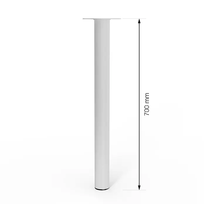 Walteco Möbelfuß - L x B x H: 6 x 6 x 70 cm, Ø x H: 6 x 70 cm, Traglast: 75 kg, Stahl, Weiß - Das Bild zeigt ein einzelnes, weißes Tischbein mit einer Höhe von 700 mm. Es steht auf einem weißen Hintergrund.