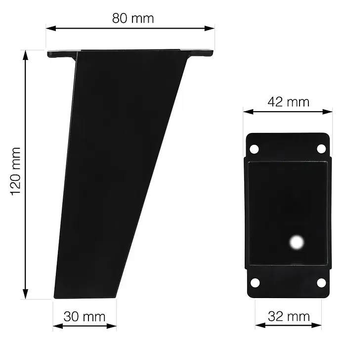 Walteco Möbelfuß Killo - L x B x H: 7,9 x 4,2 x 12 cm, Traglast: 250 kg, Kunststoff, Schwarz - Technische Zeichnung eines Möbelfußes mit den Maßen 80 mm Breite oben, 30 mm Breite unten und 120 mm Höhe.