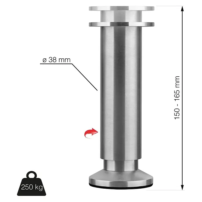Walteco Teleskop-Möbelfuß - B x L: 3,8 x 3,8 cm, Durchmesser: 3,8 cm, Höhenverstellung: 15 cm - 16,5 cm, Traglast: 250 kg, Aluminium, Silber - Produktbild eines Möbelfußes aus Metall, der eine Höhe von 150-165 mm hat und bis zu 250 kg tragen kann.