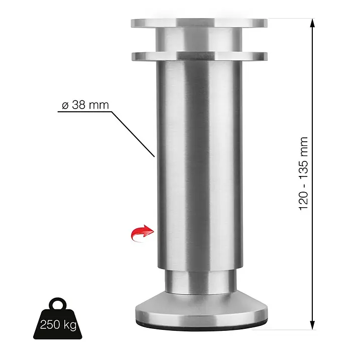 Walteco Teleskop-Möbelfuß - B x L: 3,8 x 3,8 cm, Durchmesser: 3,8 cm, Höhenverstellung: 12 cm - 13,5 cm, Traglast: 250 kg, Aluminium, Silber - Produktansicht eines silberfarbenen Möbelfußes mit Maßangaben zu Durchmesser, Höhe und Traglast.