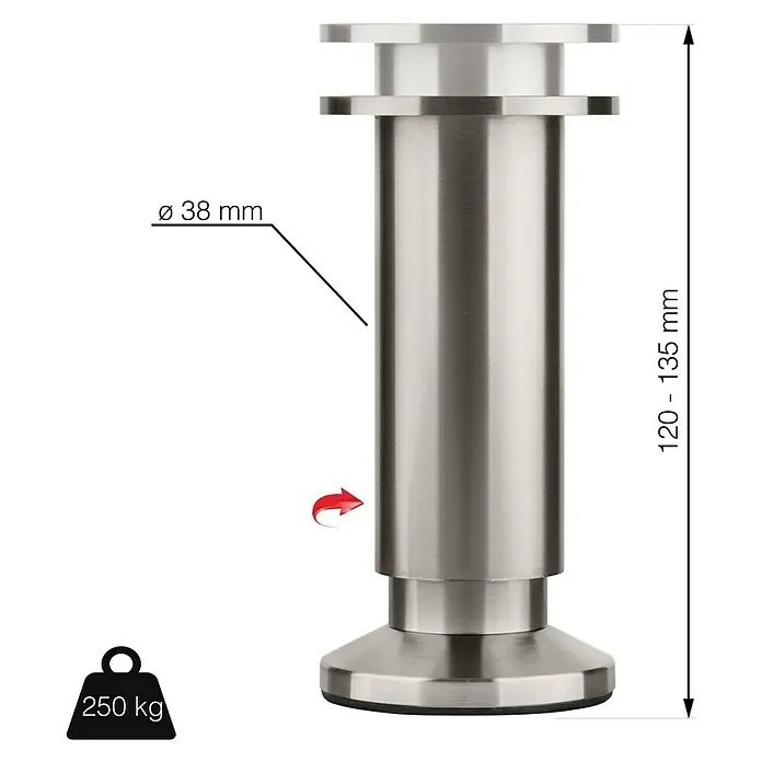 Walteco Teleskop-Möbelfuß - B x L: 3,8 x 3,8 cm, Durchmesser: 3,8 cm, Höhenverstellung: 12 cm - 13,5 cm, Traglast: 250 kg, Aluminium, Nickel - Produktbild eines verstellbaren Möbelfußes aus Metall mit technischen Details zu Durchmesser, Höhe und Traglast.