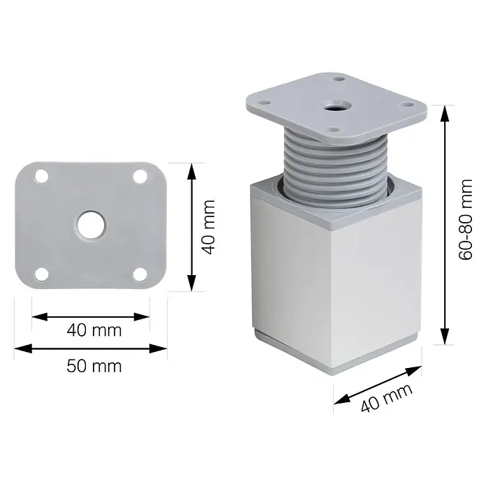 Walteco Teleskop-Möbelfuß - B x L: 4 x 4 cm, Höhenverstellung: 6 cm - 8 cm, Traglast: 50 kg, Kunststoff, Eckig - Abbildung eines verstellbaren Möbelfußes mit Maßangaben.
