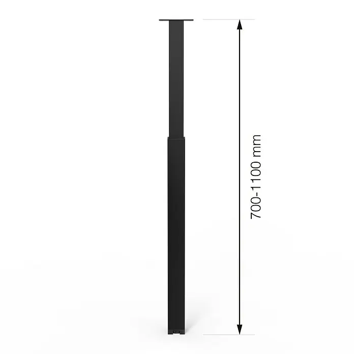 Walteco Teleskop-Möbelfuß - B x L: 6 x 6 cm, Höhenverstellung: 70 cm - 110 cm, Traglast: 80 kg, Stahl, Schwarz, Eckig - Das Bild zeigt eine Teleskopsäule in Schwarz mit einer Höhenverstellbarkeit von 700-1100 mm. Ideal für höhenverstellbare Schreibtische.