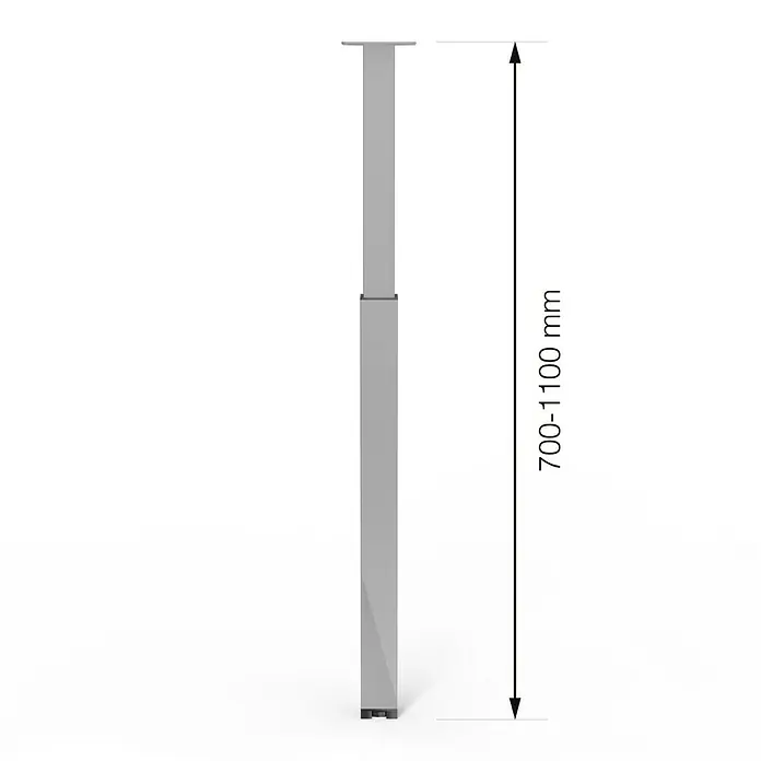 Walteco Teleskop-Möbelfuß - B x L: 6 x 6 cm, Höhenverstellung: 70 cm - 110 cm, Traglast: 80 kg, Stahl, Grau, Eckig - Abbildung einer verstellbaren Tischbein-Teleskopsäule in Silber mit den Maßen 700-1100 mm für variable Tischhöhen.
