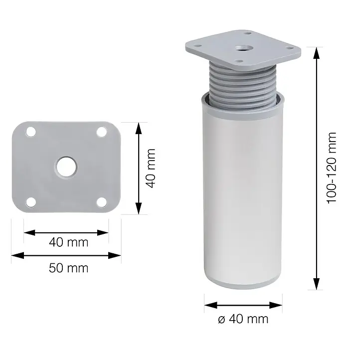 Walteco Teleskop-Möbelfuß - B x L: 4 x 4 cm, Höhenverstellung: 10 cm - 12 cm, Traglast: 50 kg, Kunststoff, Rund - Produktbild eines verstellbaren Möbelfußes mit verschiedenen Maßangaben.