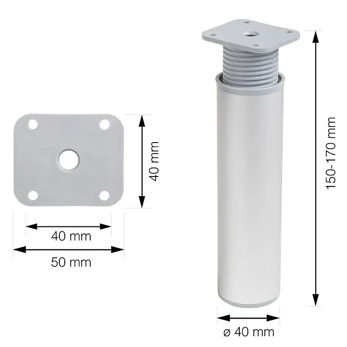 Walteco Teleskop-Möbelfuß - B x L: 4 x 4 cm, Höhenverstellung: 15 cm - 17 cm, Traglast: 50 kg, Kunststoff, Rund - Produktabbildung eines verstellbaren Möbelfußes aus Metall mit den Maßen 40 mm Durchmesser und einer Höhe von 150-170 mm.