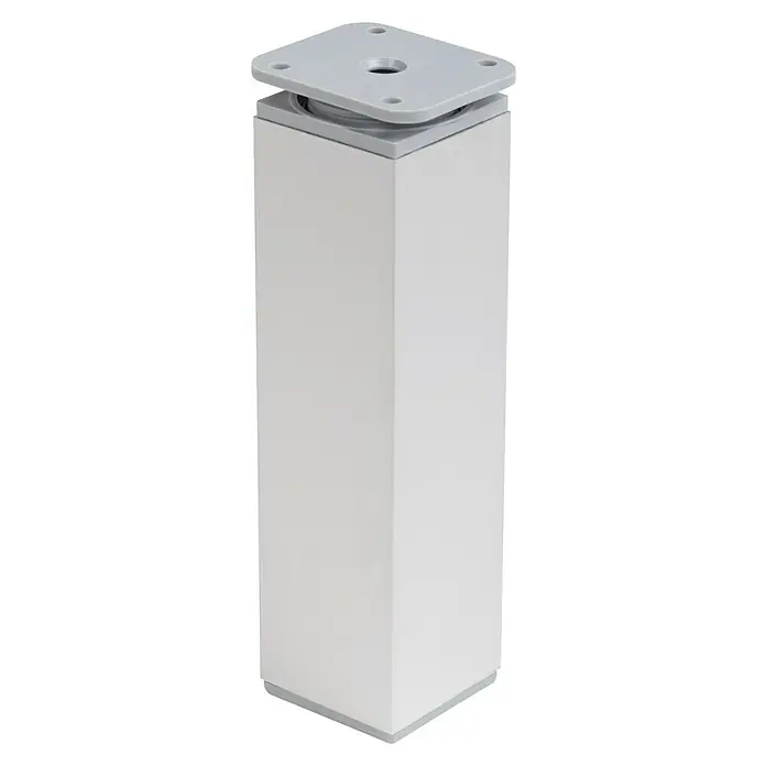 Walteco Teleskop-Möbelfuß - B x L: 4 x 4 cm, Höhenverstellung: 15 cm - 17 cm, Traglast: 50 kg, Kunststoff, Eckig - Nahaufnahme eines weißen Möbelbeins mit einer quadratischen, grauen Befestigungsplatte. Das Bein ist schlicht und modern gestaltet.