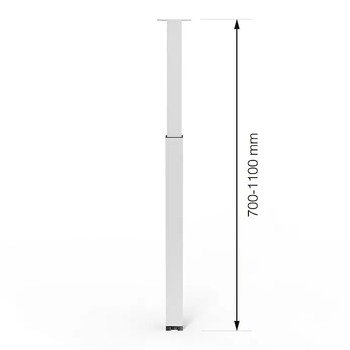 Walteco Teleskop-Möbelfuß - B x L: 6 x 6 cm, Höhenverstellung: 70 cm - 110 cm, Traglast: 80 kg, Stahl, Weiß, Eckig - Produktbild eines höhenverstellbaren Tischbeins. Das Tischbein ist in der Höhe von 700-1100 mm verstellbar.
