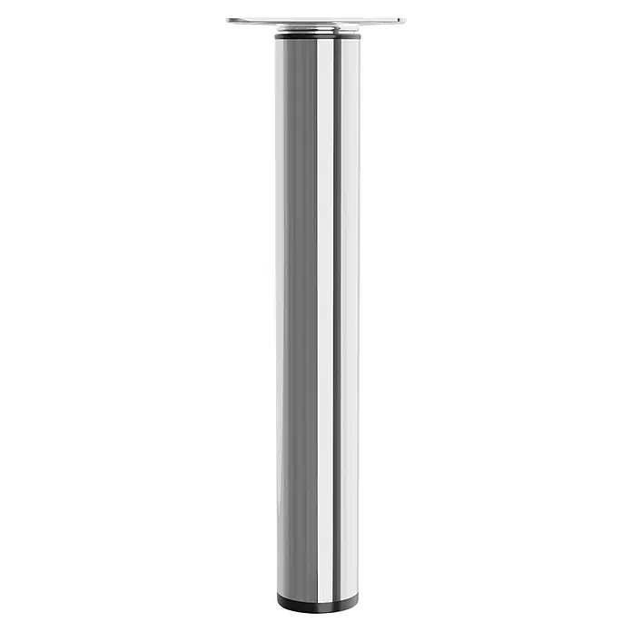 Walteco Teleskop-Möbelfuß - B x L: 3 x 3 cm, Durchmesser: 3 cm, Höhenverstellung: 21 cm - 35 cm, Traglast: 30 kg, Stahl, Silber - Nahaufnahme eines glänzenden, zylindrischen Möbelfußes aus Metall mit rechteckiger Befestigungsplatte vor schwarzem Hintergrund.