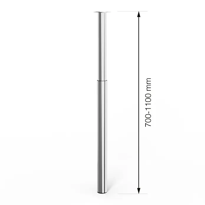 Walteco Teleskop-Möbelfuß - B x L: 6 x 6 cm, Höhenverstellung: 70 cm - 110 cm, Traglast: 80 kg, Stahl, Silber, Rund - Produktbild einer verstellbaren Tischbein in Chromoptik, die zwischen 700 und 1100 mm hoch ist.