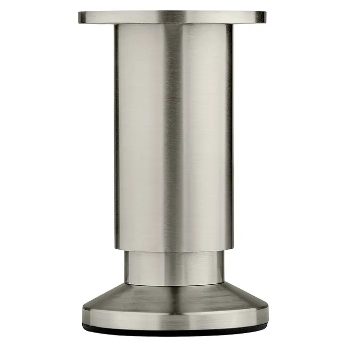 Walteco Teleskop-Möbelfuß - B x L: 3,8 x 3,8 cm, Durchmesser: 3,8 cm, Höhenverstellung: 10 cm - 11,5 cm, Traglast: 250 kg, Aluminium, Nickel - Nahaufnahme eines modernen, silberfarbenen Möbelfußes, ideal für stilvolle Inneneinrichtung und vielseitige Möbeldesigns.