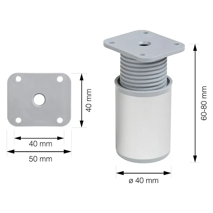 Walteco Teleskop-Möbelfuß - B x L: 4 x 4 cm, Höhenverstellung: 6 cm - 8 cm, Traglast: 50 kg, Kunststoff, Rund - Produktbild eines höhenverstellbaren Möbelfußes mit technischen Zeichnungen zur Veranschaulichung der Maße.