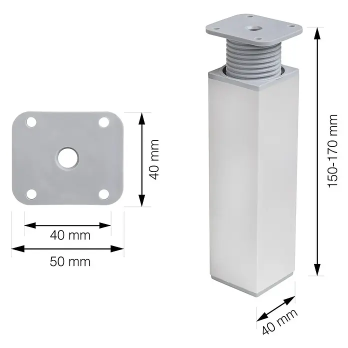 Walteco Teleskop-Möbelfuß - B x L: 4 x 4 cm, Höhenverstellung: 15 cm - 17 cm, Traglast: 50 kg, Kunststoff, Eckig - Abbildung eines verstellbaren Möbelfußes mit Maßen. Dieser silberne Möbelfuß ist verstellbar und wird mit der Montageplatte befestigt.