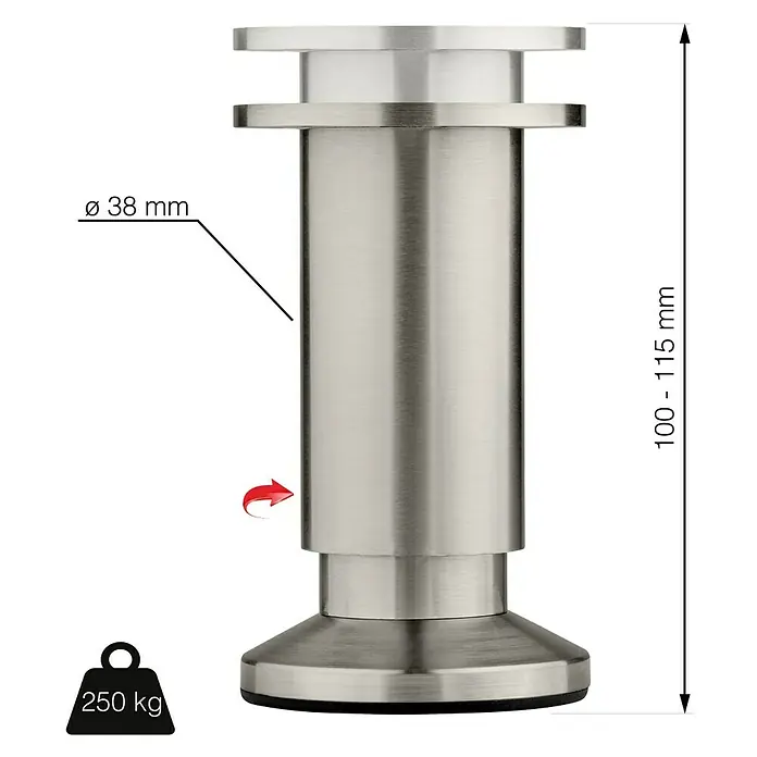 Walteco Teleskop-Möbelfuß - B x L: 3,8 x 3,8 cm, Durchmesser: 3,8 cm, Höhenverstellung: 10 cm - 11,5 cm, Traglast: 250 kg, Aluminium, Nickel - Produktbild eines verstellbaren Möbelfußes aus Metall, der bis zu 250 kg tragen kann.