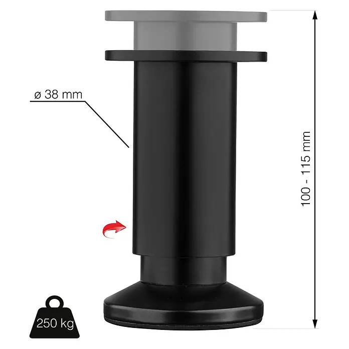 Walteco Teleskop-Möbelfuß - B x L: 3,8 x 3,8 cm, Durchmesser: 3,8 cm, Höhenverstellung: 10 cm - 11,5 cm, Traglast: 250 kg, Aluminium, Schwarz - Abgebildeter, höhenverstellbarer Möbelfuß mit einer Traglast von 250 kg. Durchmesser 38 mm, Höhe 100–115 mm.