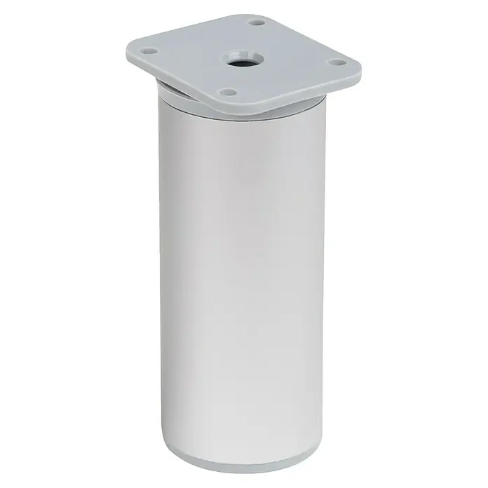Walteco Teleskop-Möbelfuß - B x L: 4 x 4 cm, Höhenverstellung: 10 cm - 12 cm, Traglast: 50 kg, Kunststoff, Rund - Eine Nahaufnahme eines silbernen Möbelbeins mit quadratischer Montageplatte auf einem schwarzen Hintergrund.