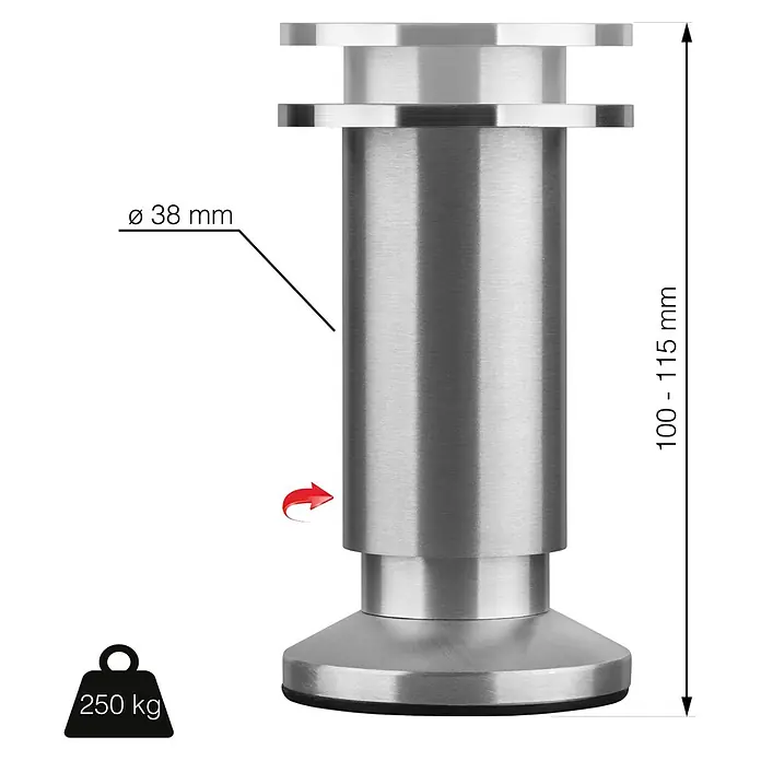 Walteco Teleskop-Möbelfuß - B x L: 3,8 x 3,8 cm, Durchmesser: 3,8 cm, Höhenverstellung: 10 cm - 11,5 cm, Traglast: 250 kg, Aluminium, Silber - Produktabbildung eines Möbelfußes aus Metall mit technischen Details zur Größe und Traglast.