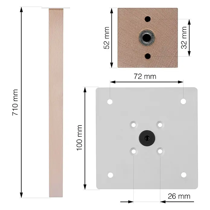 Walteco Möbelfuß - L x B x H: 8 x 8 x 71 cm, Traglast: 250 kg, Holz - Abbildung eines Möbelfußes mit detaillierten Maßangaben zur Veranschaulichung der Produktabmessungen.